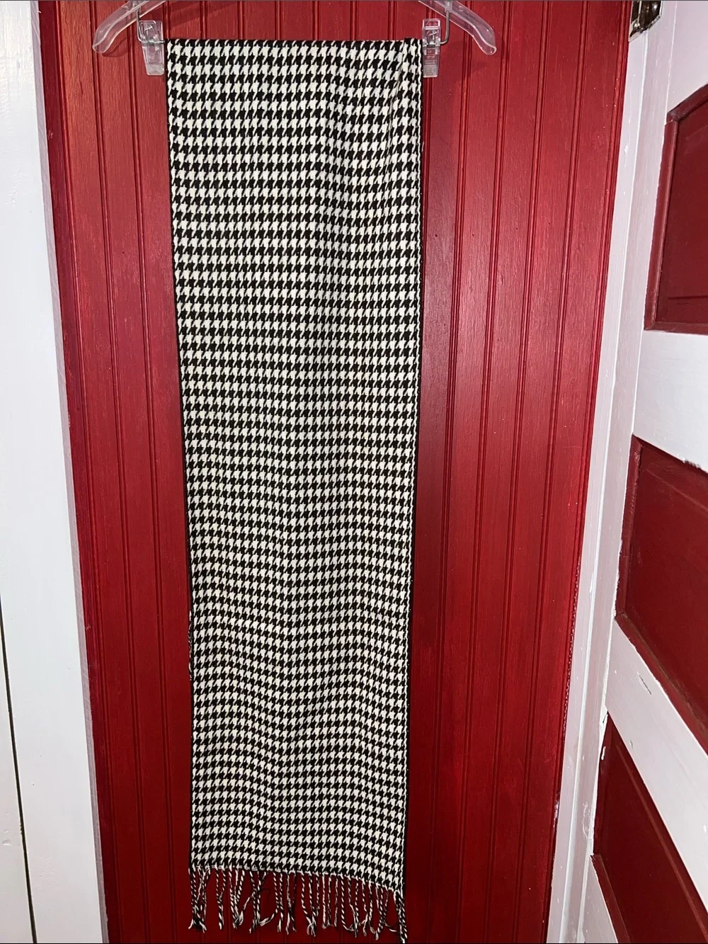 Brown and White Houndstooth Fringe Scarf